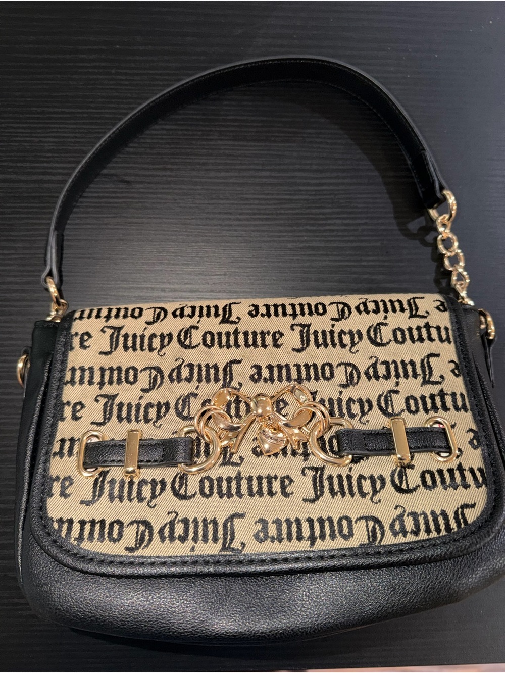 Juicy Couture Black/Natural Logo Shoulder Bag with Gold Accent Classic Y2K
